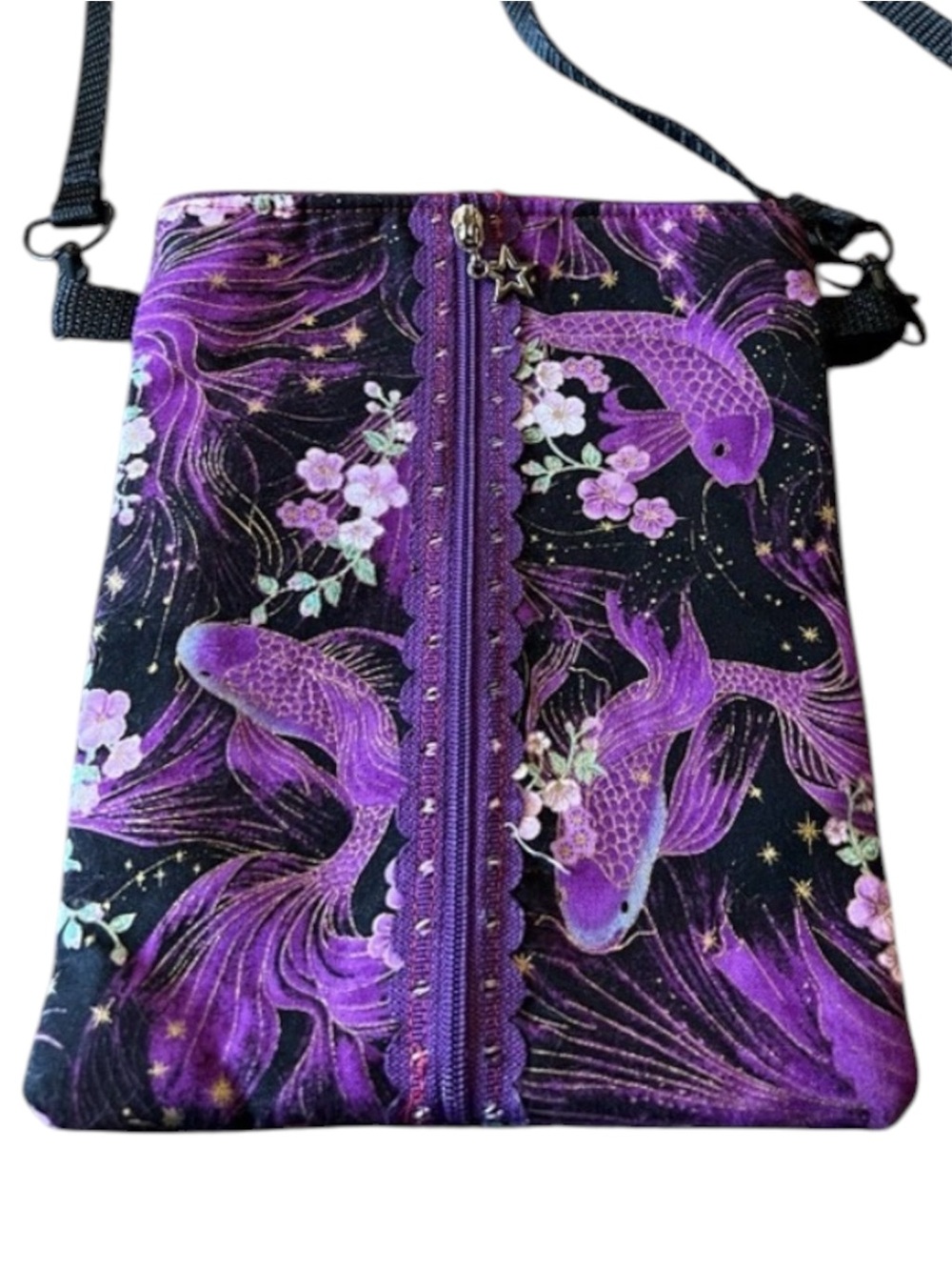 Handmade Koi Fish Crossbody Bag Purple Floral Small Shoulder Purse